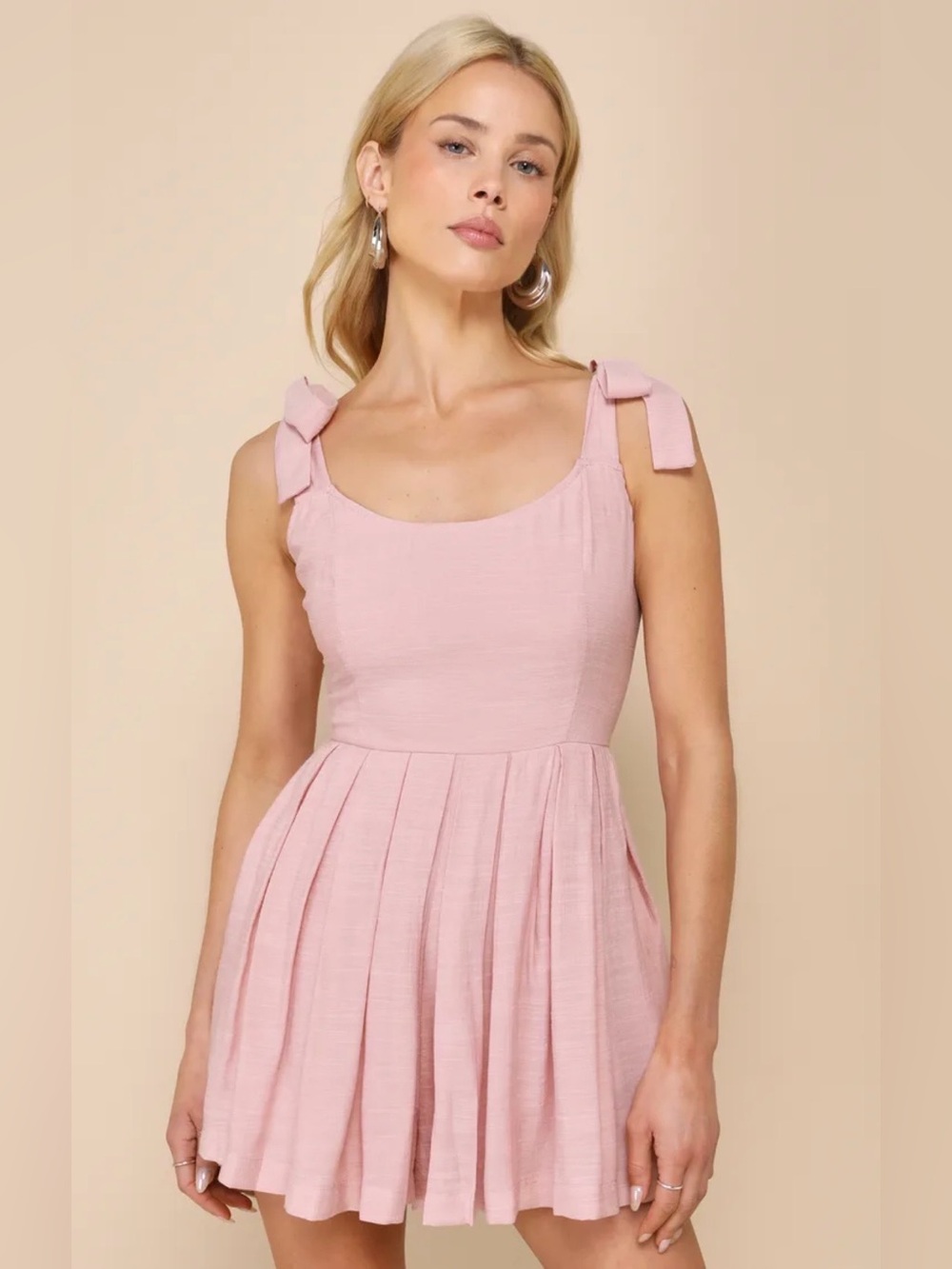 Lulus Mauve Pink Pleated Tie Shoulder Mini Dress Romper Pockets NWT